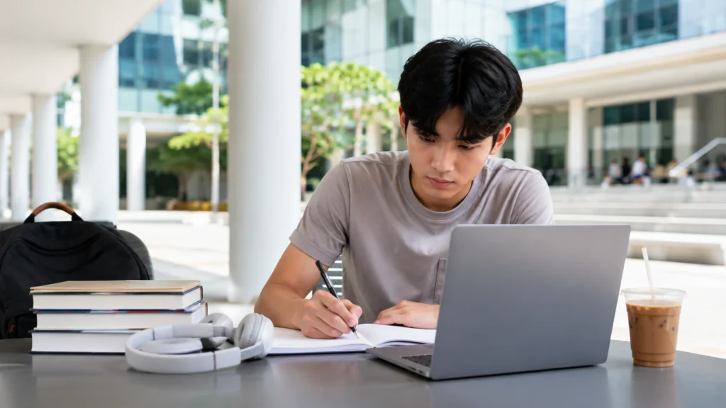 Student using a lightweight ultrabook on a university campus in Singapore