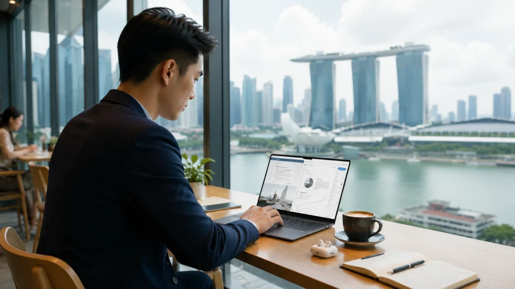 Professional using a lightweight laptop in Singapore for remote work