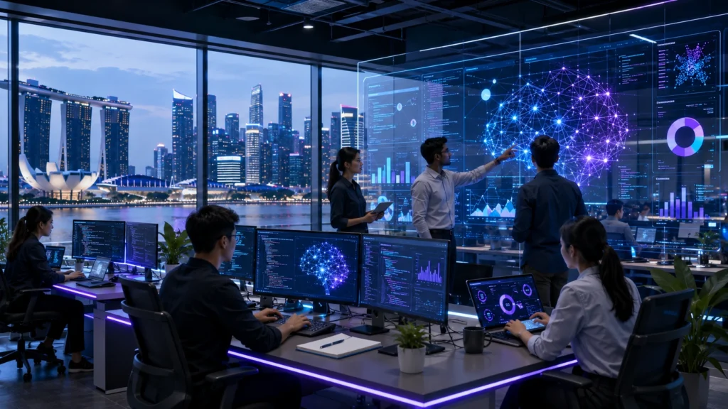 Singapore AI Startup Ecosystem AI startup founders and engineers working in a modern Singapore technology office